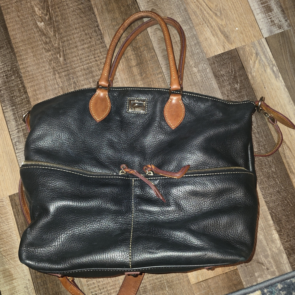 Dooney & Bourke Black Leather Satchel with Brown Trim
